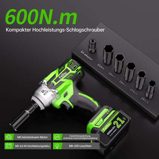 Akkubetriebener, bürstenloser 1/2-Zoll-600-Nm-Hochleistungs-Schlagschrauber 3-in-1-Set – Schlagbohrer und Schraubendreher, 3 Geschwindigkeitsstufen, automatische Stoppfunktion (2 Modi), geeignet für Kfz-Anwendungen.