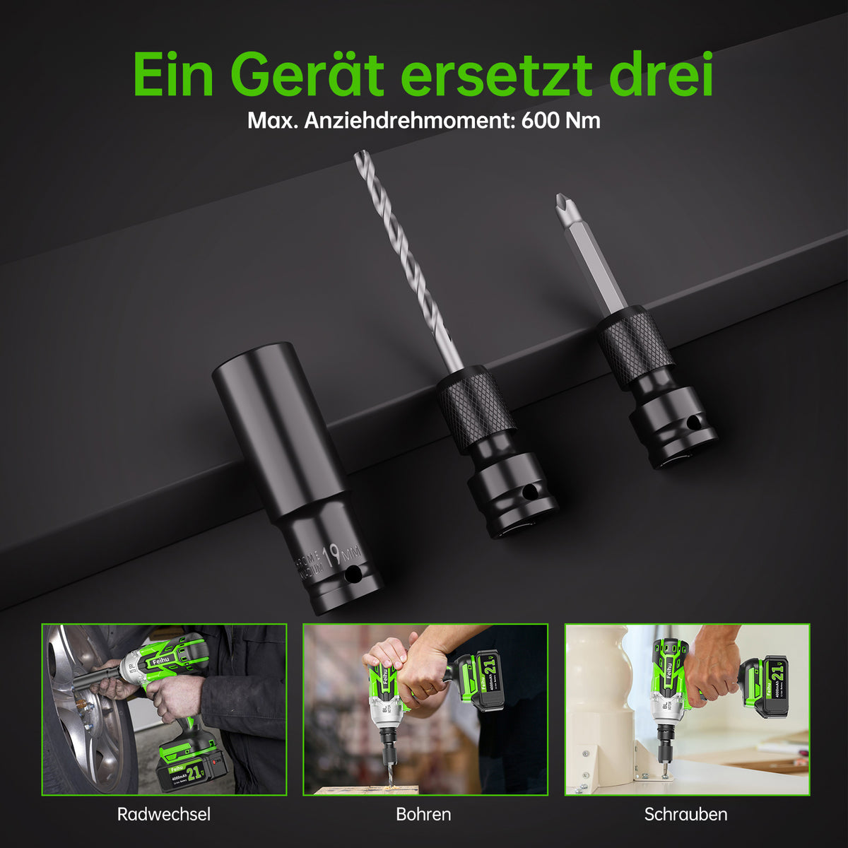 Akkubetriebener, bürstenloser 1/2-Zoll-600-Nm-Hochleistungs-Schlagschrauber 3-in-1-Set – Schlagbohrer und Schraubendreher, 3 Geschwindigkeitsstufen, automatische Stoppfunktion (2 Modi), geeignet für Kfz-Anwendungen.